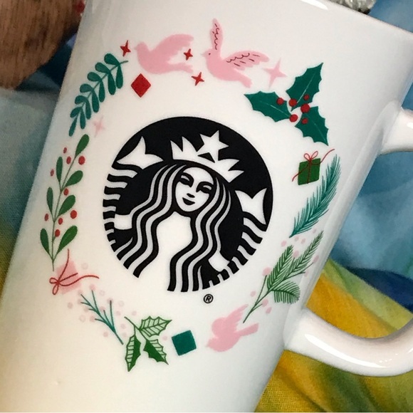Starbucks Holiday Motif Mermaid Pink Doves Holly Tall Coffee Mug Cup 12 oz - Picture 10 of 12